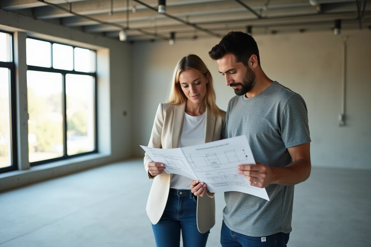 Couple examinant des mesures en mètres linéaires sur des documents immobiliers dans un appartement vide avant achat
