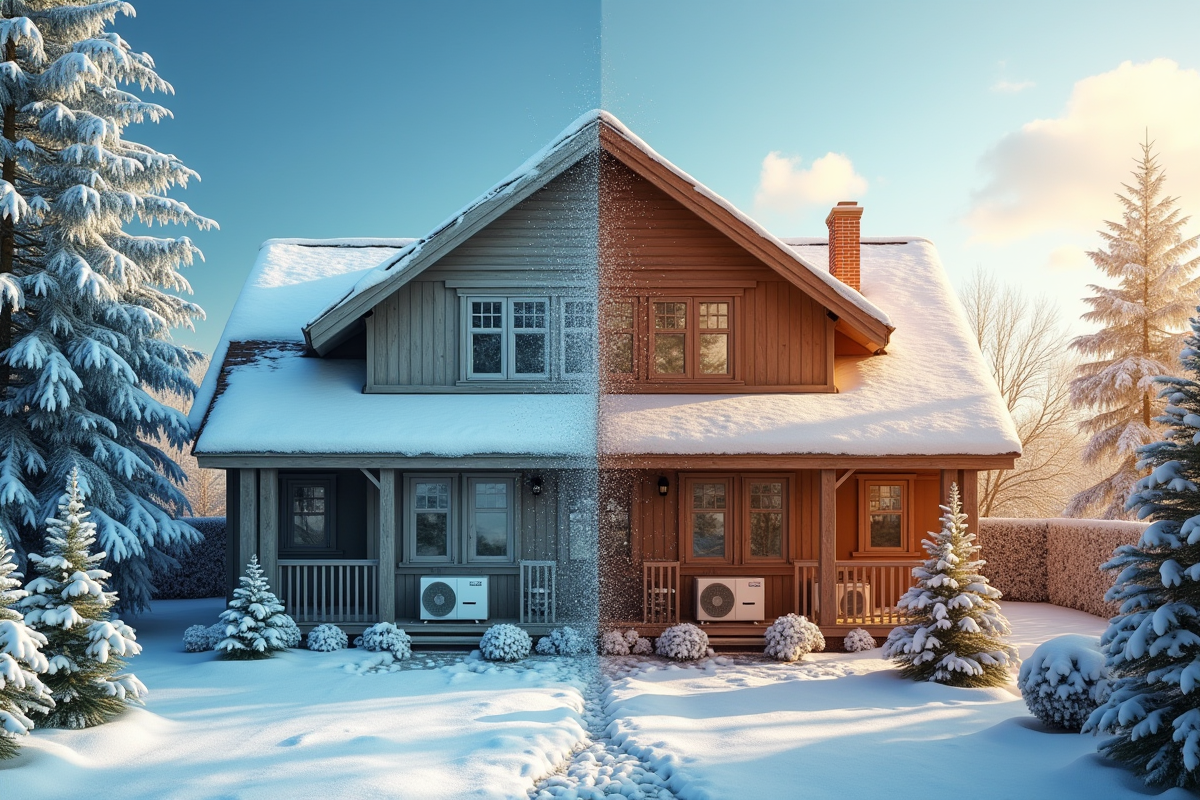 Maison avec pompe à chaleur en extérieur en été et hiver