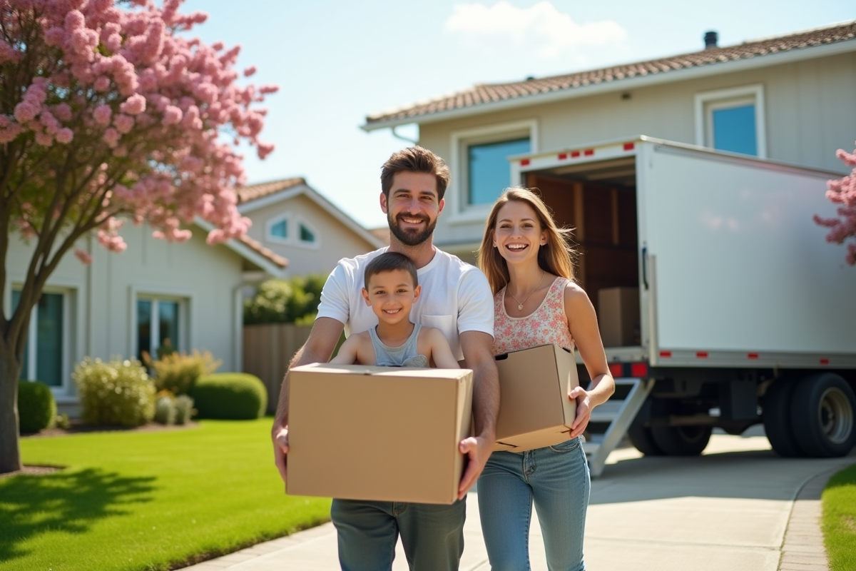 Famille souriante sortant de leur maison moderne en emmenage