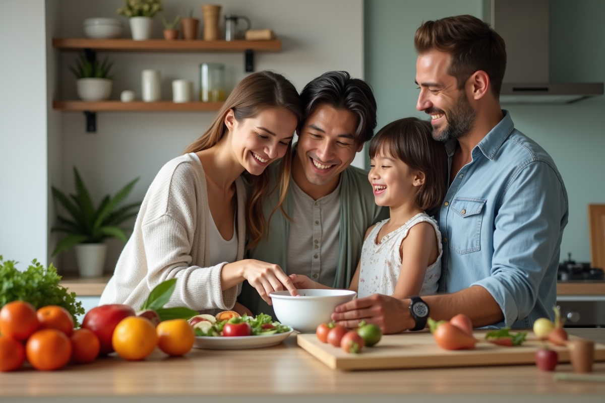 Famille souriante utilisant appareils Beko dans la cuisine