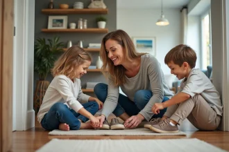 Famille arrangeant des chaussures dans l'entrée moderne