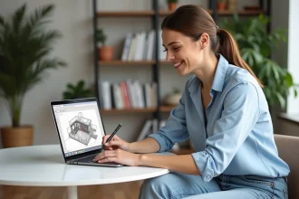 Femme souriante travaillant sur un plan 3D de maison