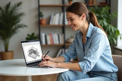 Femme souriante travaillant sur un plan 3D de maison