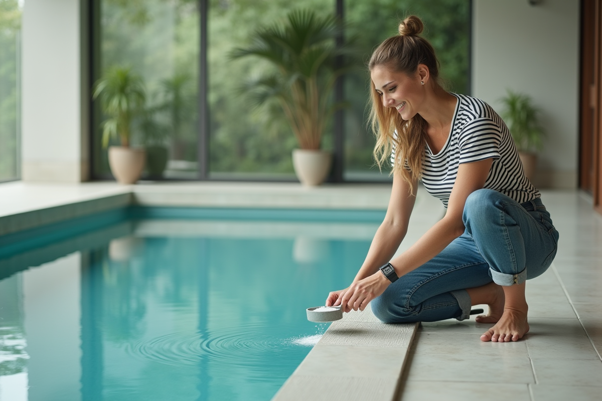 Femme ajoutant du sel dans une piscine intérieure