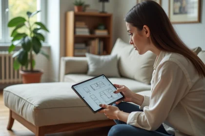 Femme utilisant une application de décoration sur tablette pour vérifier les proportions d'un canapé dans un salon contemporain