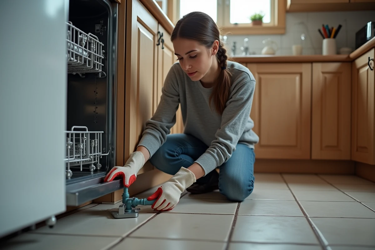 Jeune femme applique du mastic sur un joint de plomberie