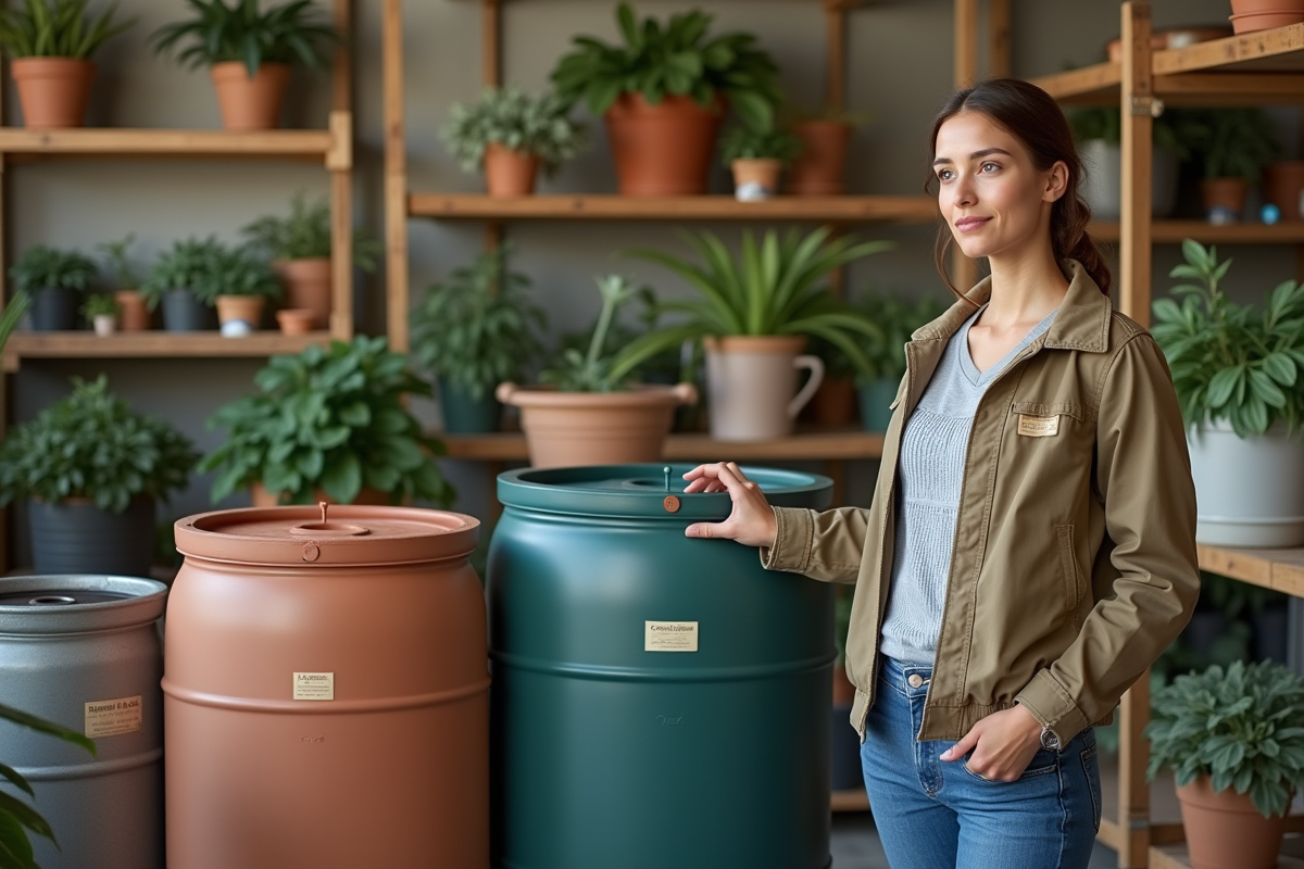 Femme observant des barils de stockage d