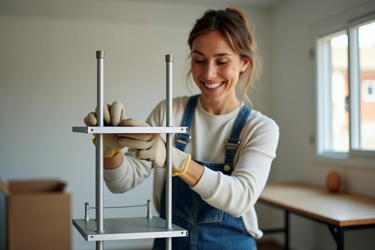 Femme assemblant une structure en tubes aluminium rectangulaires dans un atelier de bricolage à domicile