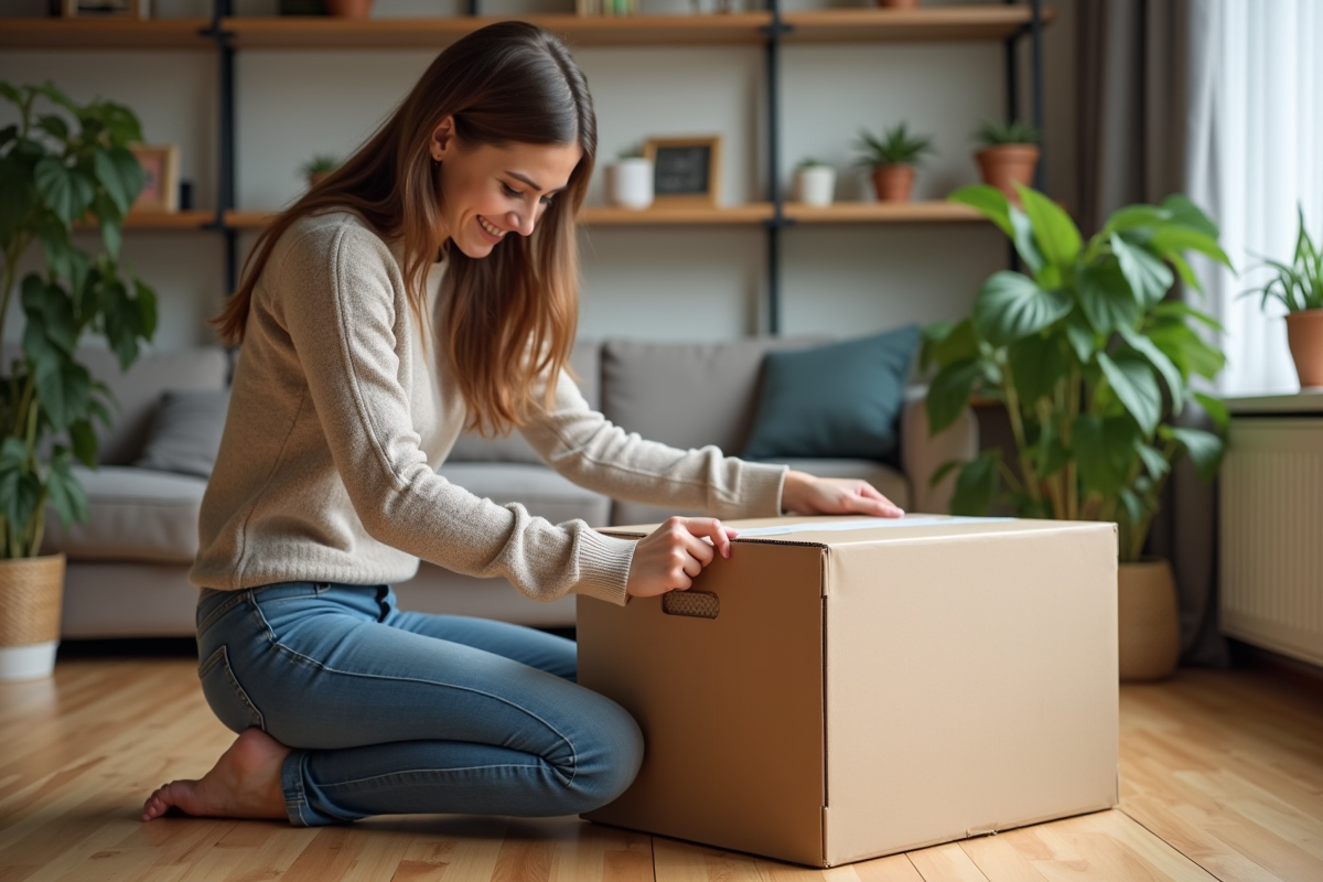 Jeune femme assemble un carton dans son salon