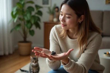 Jeune femme tenant un scarab&eacute;e noir avec son chat curieux