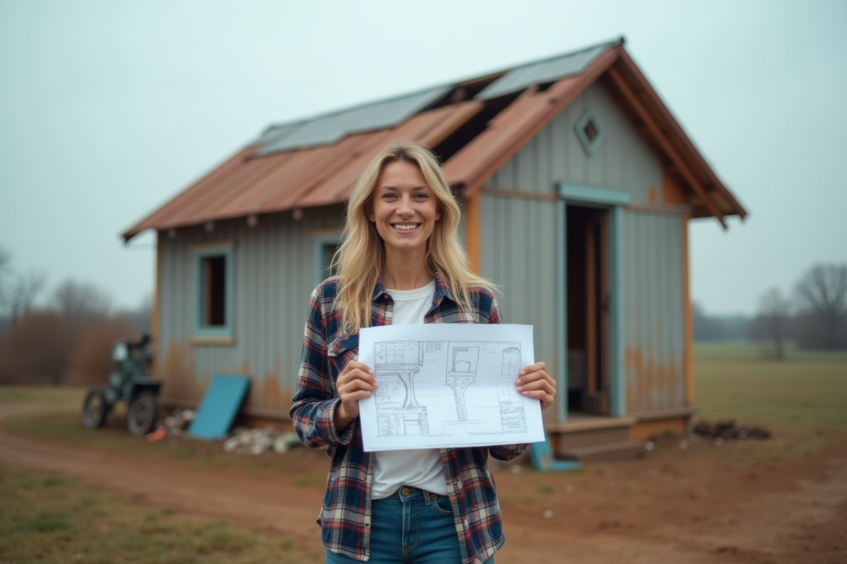 Femme souriante tenant un plan devant sa maison rurale en réparation