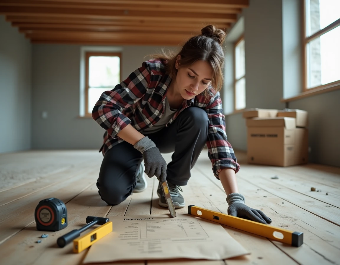 Femme bricoleure organisant des outils et des devis de mat&eacute;riaux sur un chantier de r&eacute;novation int&eacute;rieure