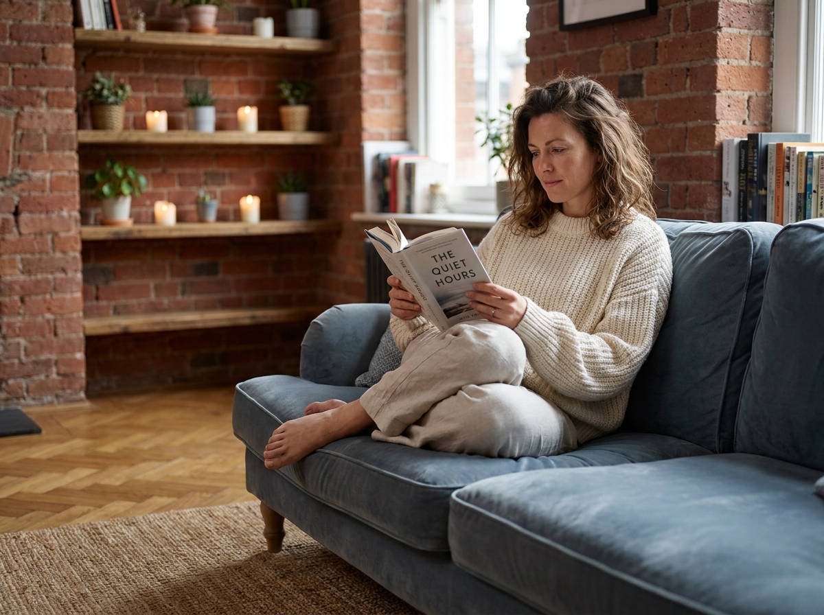 Femme détendue lisant sur un canapé en velours bleu ardoise dans un intérieur cocooning chaleureux