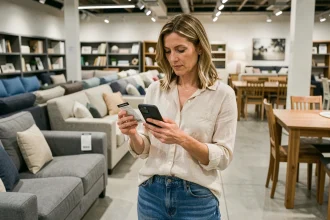 Femme comparant les prix d'un meuble BUT en magasin avec son téléphone pour repérer les bonnes affaires