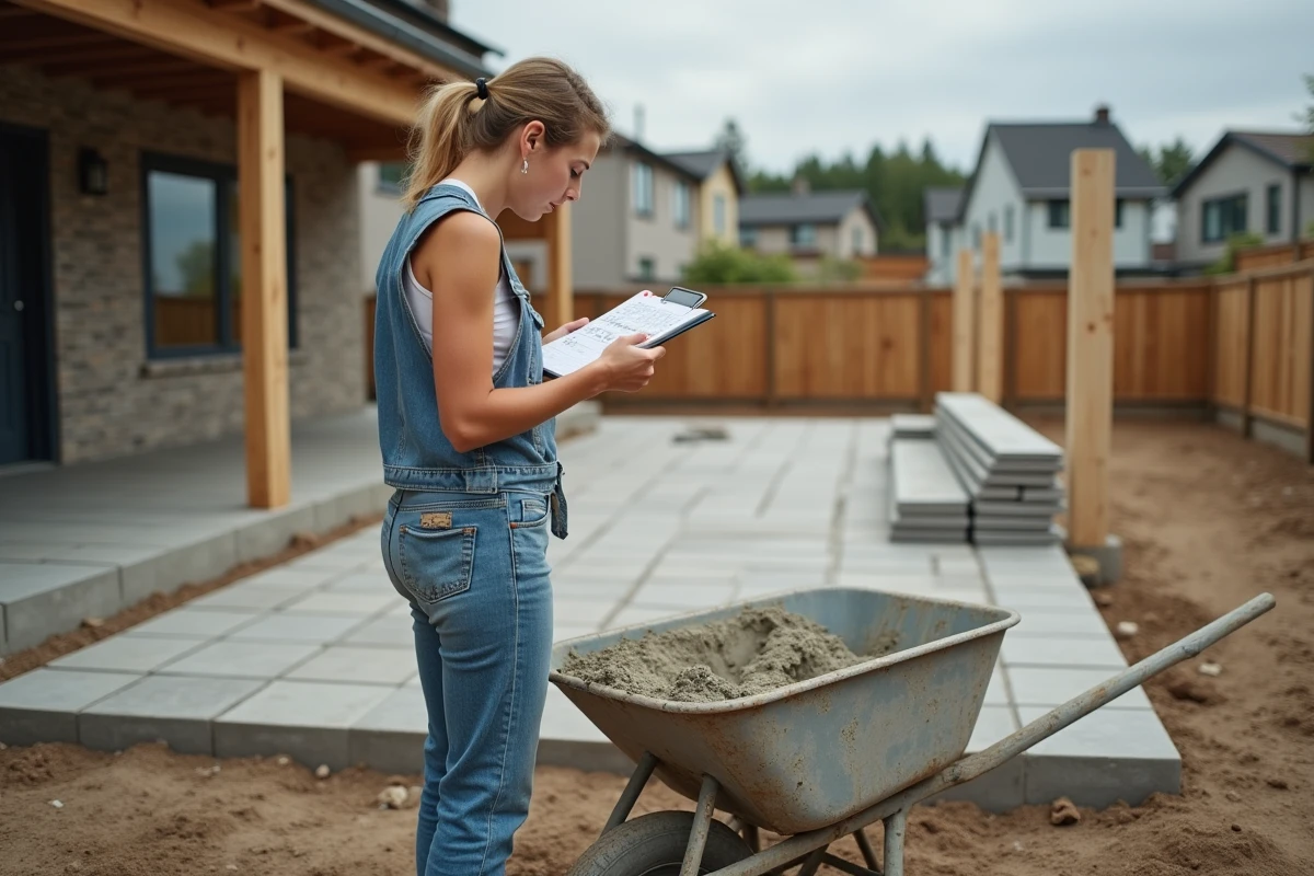 Jeune femme v&eacute;rifiant un m&eacute;lange de b&eacute;ton pr&egrave;s de la terrasse