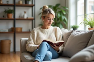 Femme élégante en pull crème sur canapé moderne
