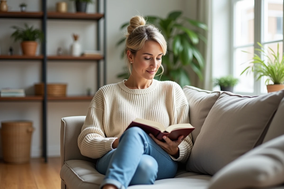 Femme élégante en pull crème sur canapé moderne