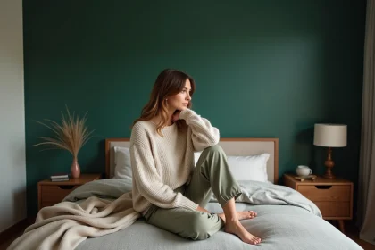 Femme &eacute;l&eacute;gante assise dans une chambre moderne avec mur vert for&ecirc;t