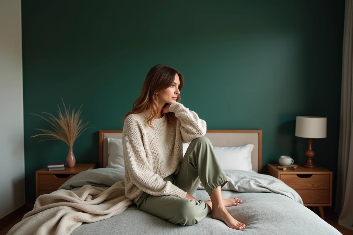 Femme élégante assise dans une chambre moderne avec mur vert forêt