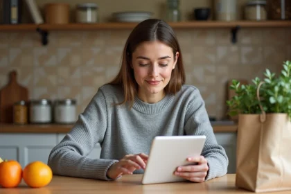Femme faisant ses courses en ligne sur tablette dans une cuisine moderne pour économiser sur son ticket de caisse Carrefour