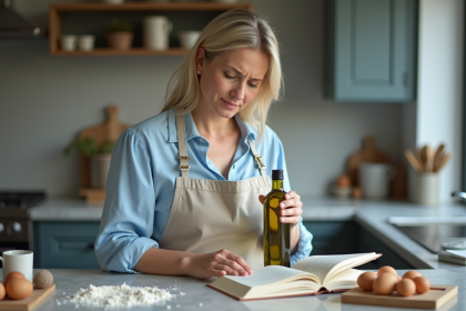 Femme en cuisine moderne tenant une bouteille d'huile d'olive