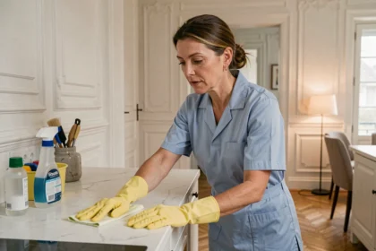 Femme de ménage professionnelle en uniforme bleu nettoyant un plan de travail dans un appartement moderne à Amiens