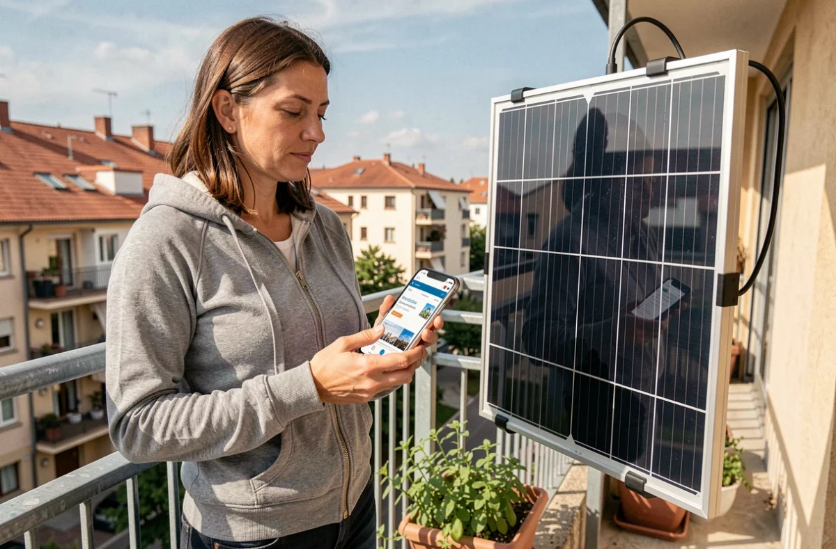 Femme consultant les démarches de déclaration d'un panneau solaire plug and play sur son smartphone depuis son balcon