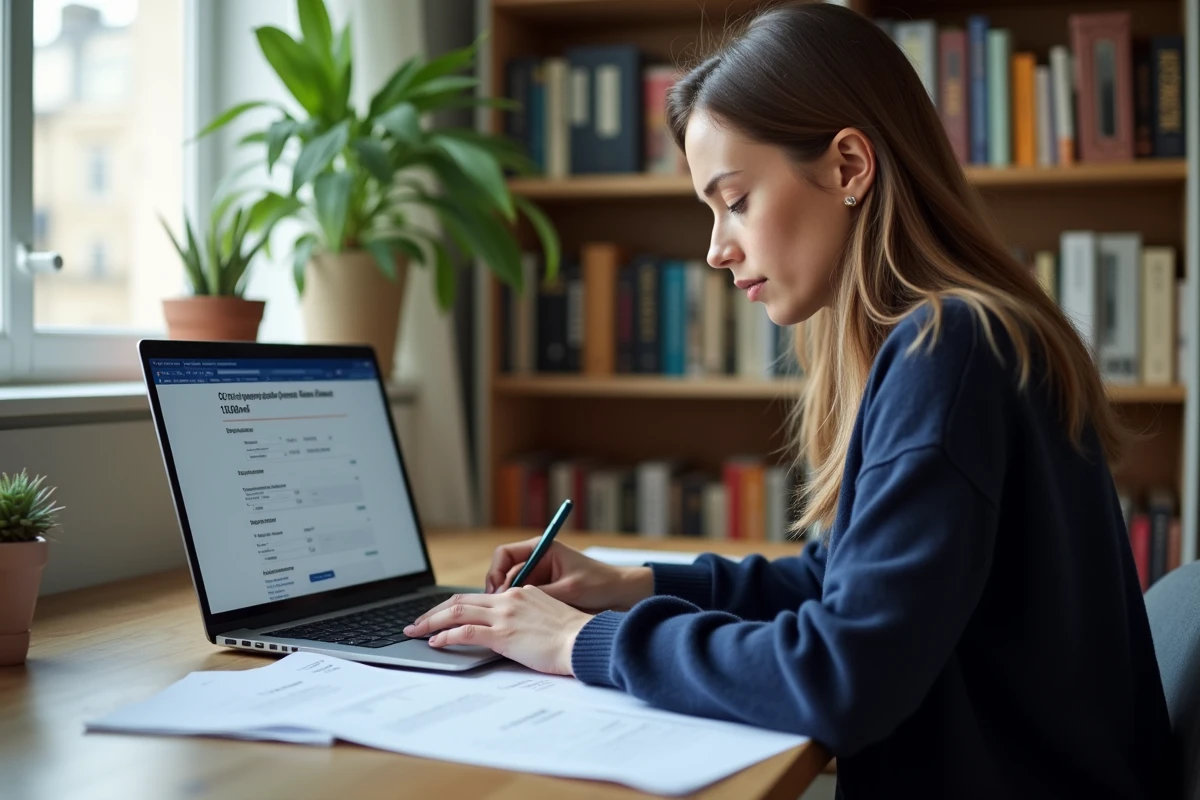 Femme remplissant une demande de permis de construire en ligne sur ordinateur portable à son bureau à domicile