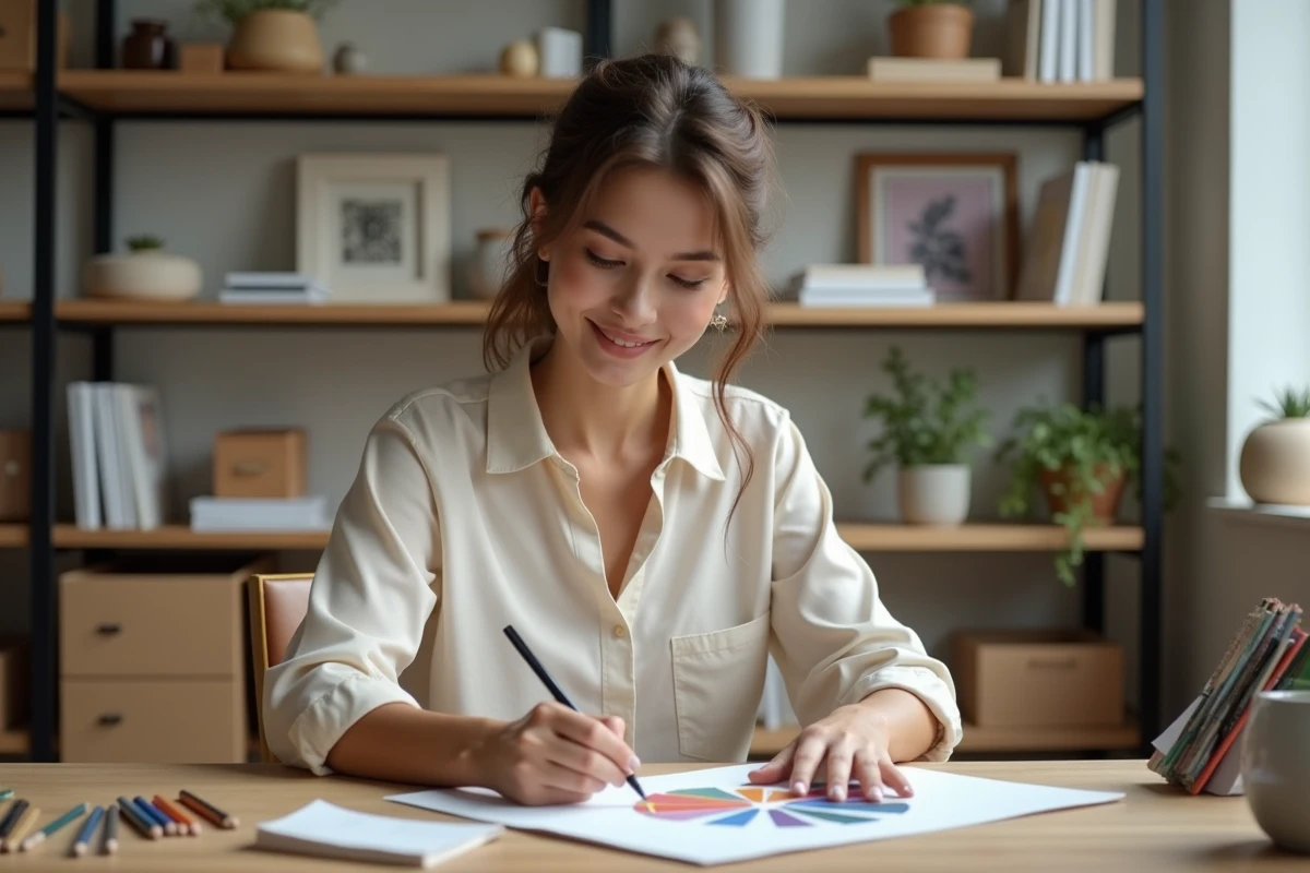 Femme en bureau minimaliste esquissant un cercle chromatique