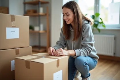 Jeune femme emballant des cartons dans un appartement