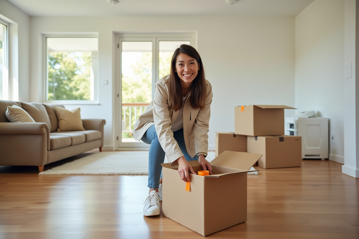 Jeune femme scotchant une boîte dans un salon vide