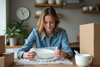 Femme emballant une assiette en porcelaine dans un appartement lumineux