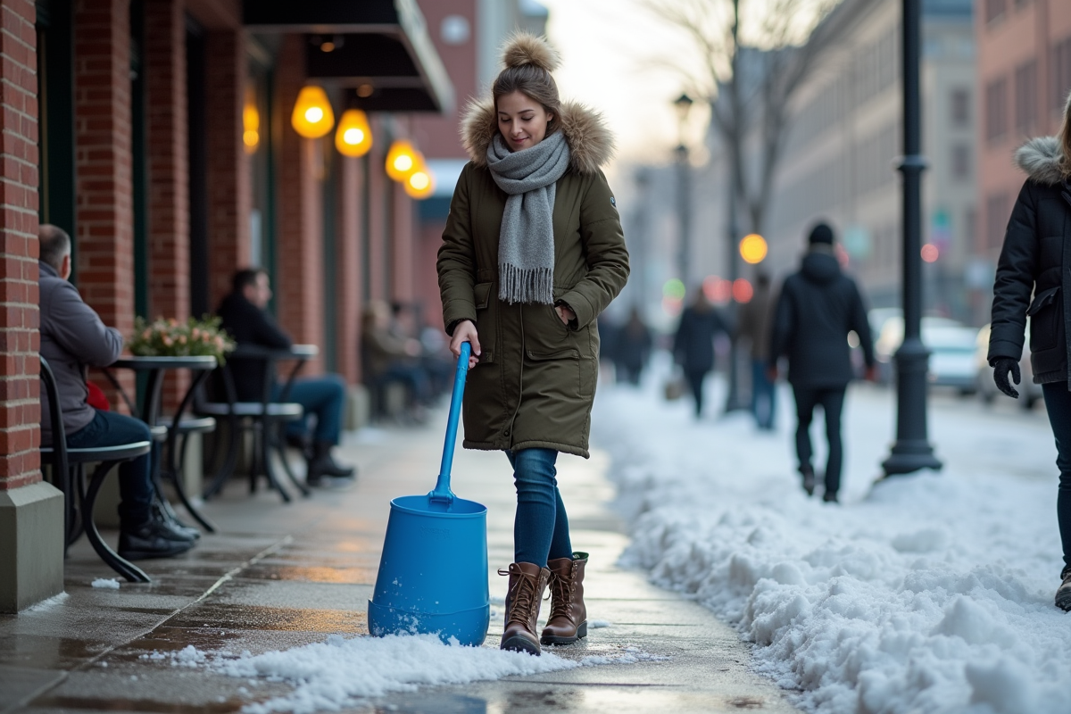 Jeune femme épandant du sel sur un trottoir glacé en ville