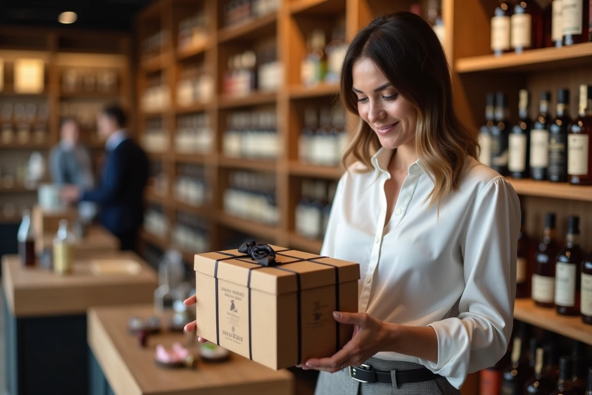 Femme souriante tenant un coffret de whisky dans une boutique moderne