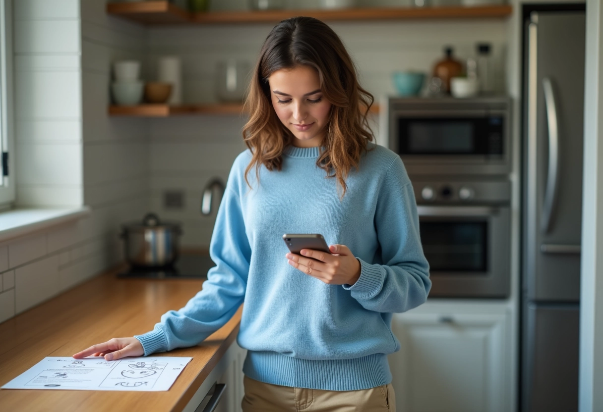 Jeune femme regarde un diagramme de vis sur son smartphone en cuisine