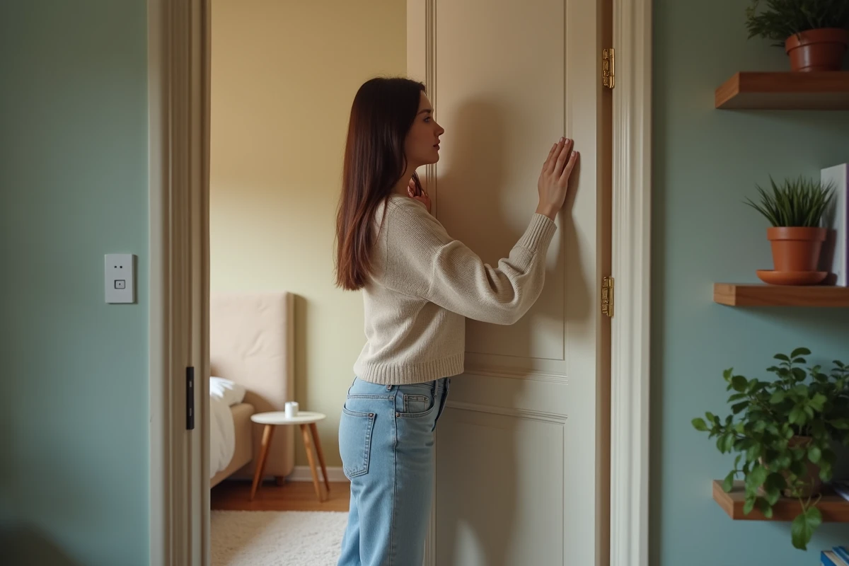 Jeune femme fermant une porte intérieure dans une chambre