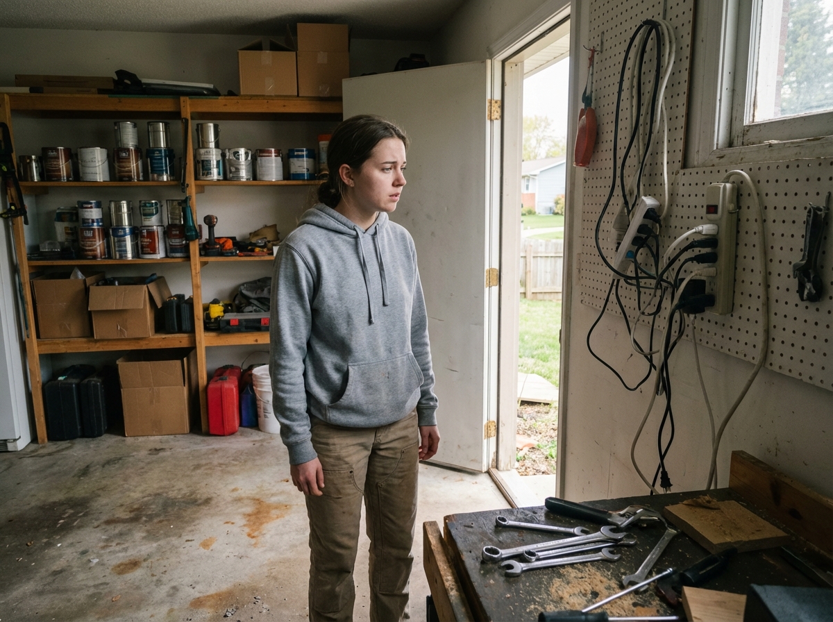 Jeune femme regarde une multiprise surchargée dans un garage
