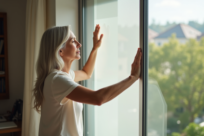 Femme appliquant un film isolant sur une grande fenêtre