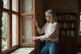 Femme isolant une fenêtre en bois avec du ruban moderne