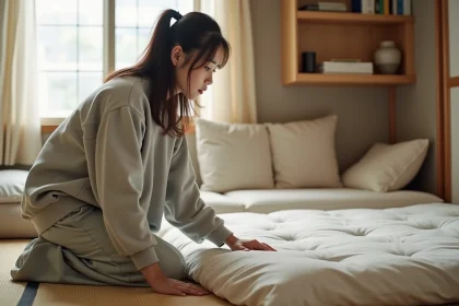Jeune femme japonaise examine un futon dans son appartement