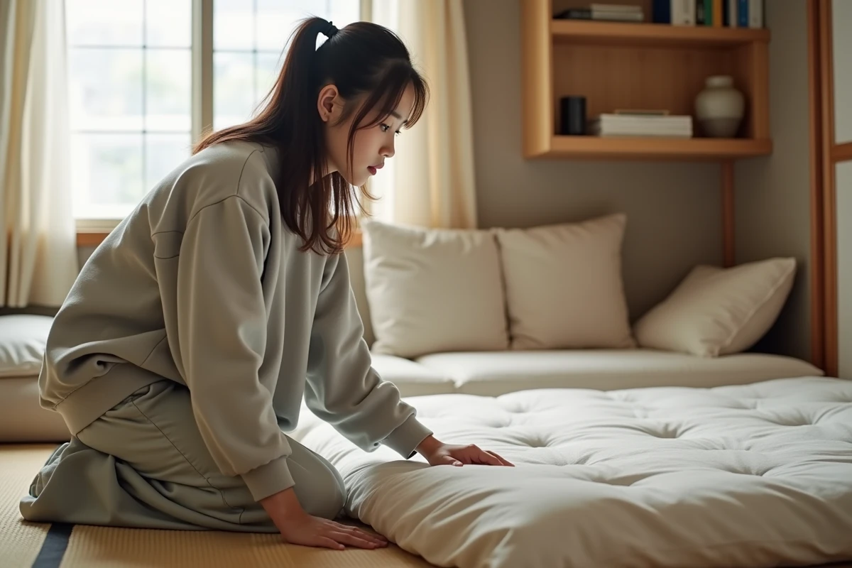 Jeune femme japonaise examine un futon dans son appartement