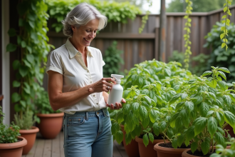 Femme inspectant un basilic dans un jardin en extérieur