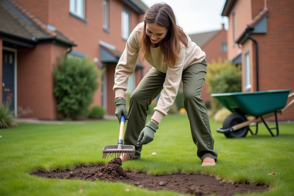 Jeune femme en gants de jardinage ratisse la pelouse