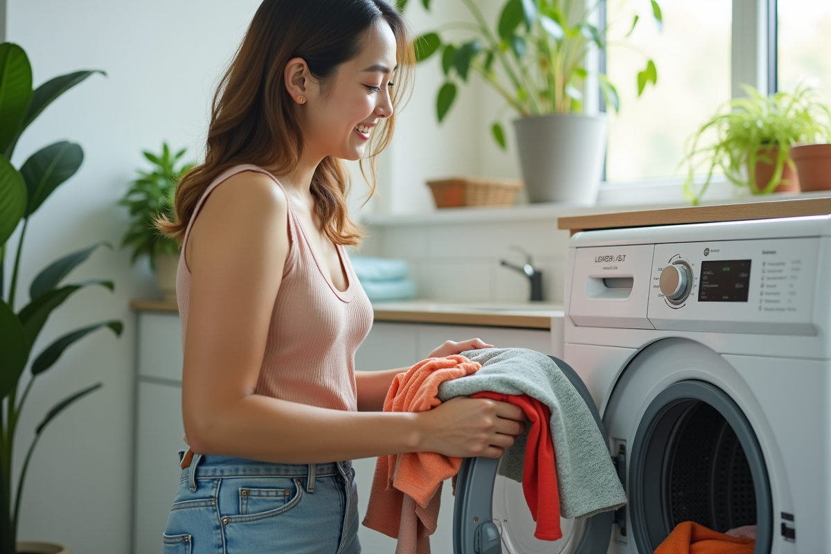 Jeune femme chargeant une machine à laver colorée à la maison
