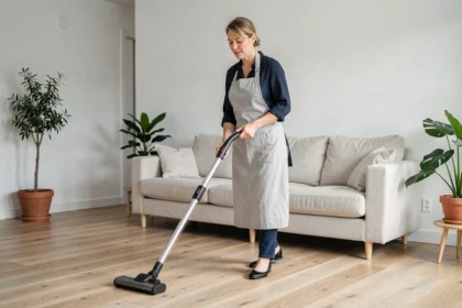 Femme effectuant le ménage dans un salon moderne en passant l'aspirateur sur un parquet en chêne clair