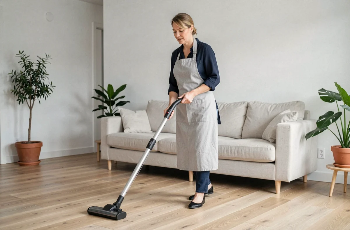 Femme effectuant le ménage dans un salon moderne en passant l'aspirateur sur un parquet en chêne clair