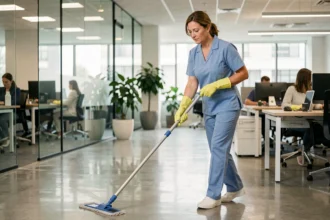 Femme de ménage en uniforme professionnel nettoyant le sol d'un open space de bureau moderne