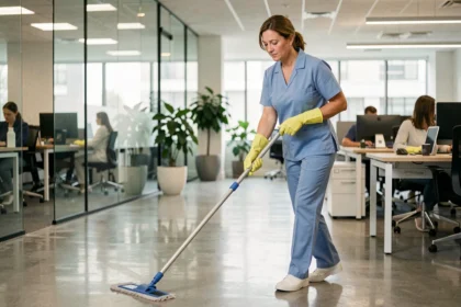 Femme de ménage en uniforme professionnel nettoyant le sol d'un open space de bureau moderne