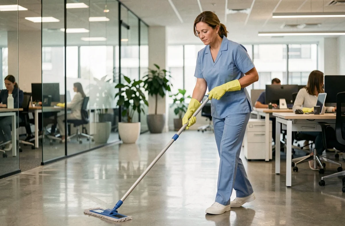 Femme de ménage en uniforme professionnel nettoyant le sol d'un open space de bureau moderne