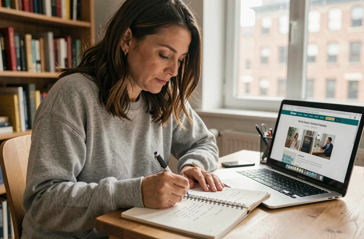 Femme réfléchissant à son nom professionnel de femme de ménage, assise à un bureau avec un carnet de notes et un ordinateur portable